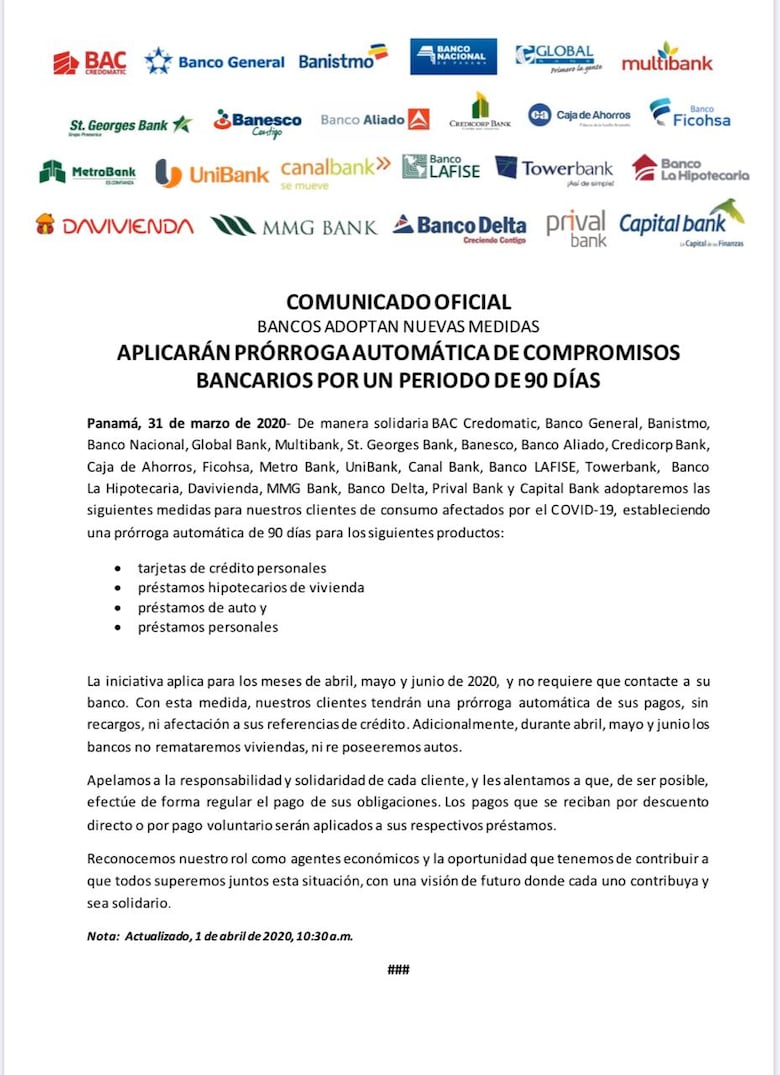 Más bancos se suman a prórroga automática para clientes de consumo afectados por crisis