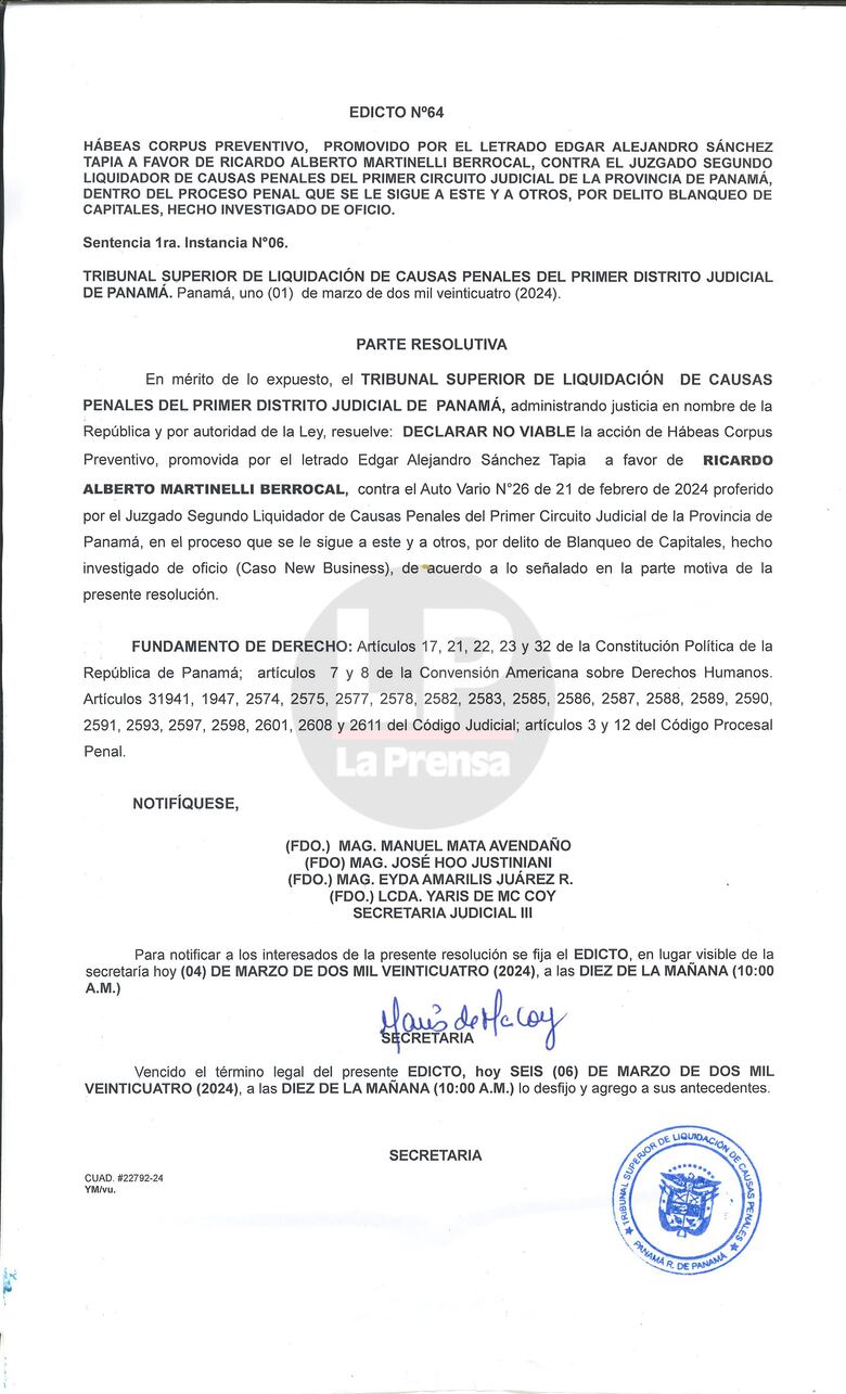 El Tribunal Superior le niega dos hábeas corpus a Martinelli