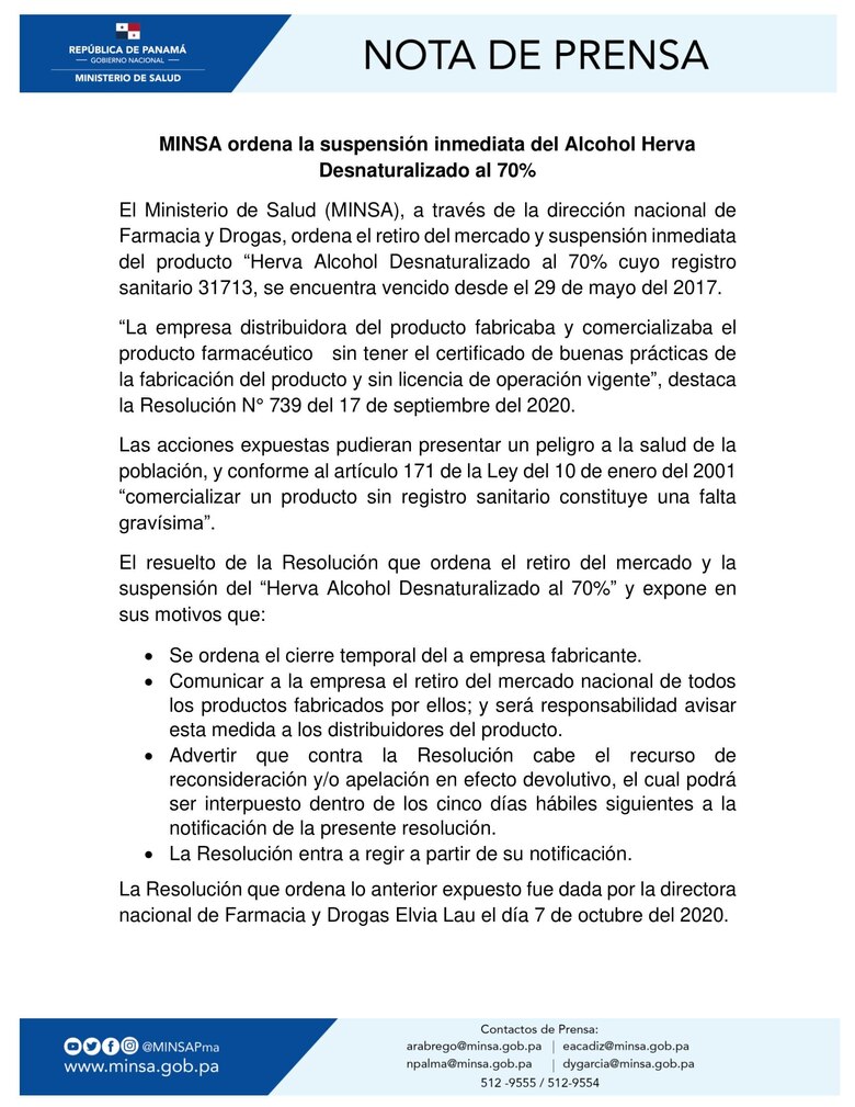 Minsa ordena retirar del mercado el alcohol Herva Desnaturalizado al 70%