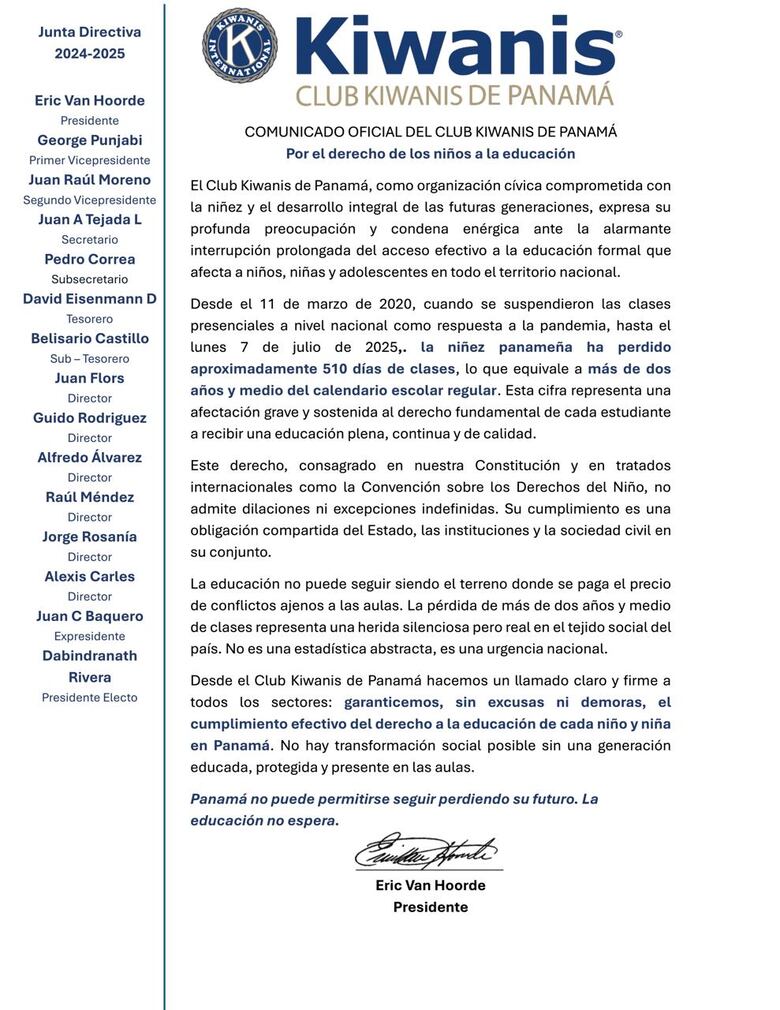 Club Kiwanis de Panamá exige garantizar el derecho a la educación: ‘Panamá no puede seguir perdiendo su futuro’