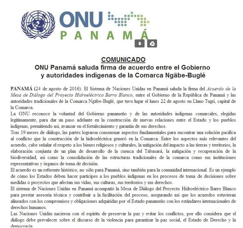 ONU califica al acuerdo de Barro Blanco como 'referente histórico para la comunidad internacional'