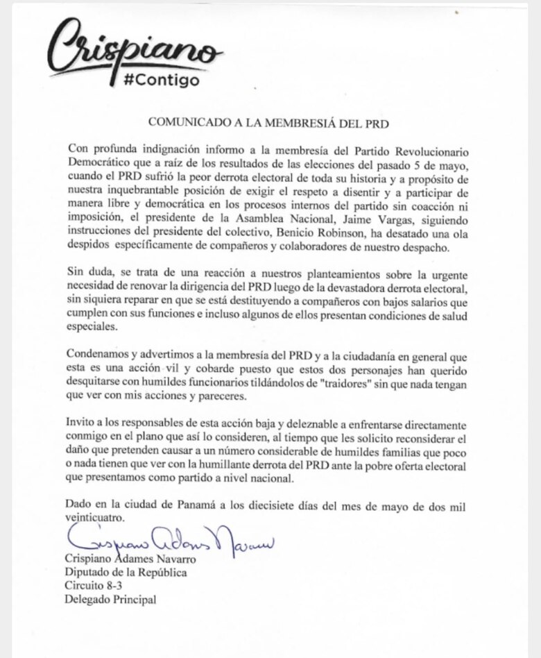 Derrota del PRD desata pugnas en la Asamblea Nacional; Crispiano Adames acusa a Jaime Vargas de despedir a su personal