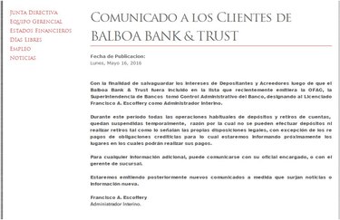 Balboa Bank pide a clientes continuar pagando créditos pendientes