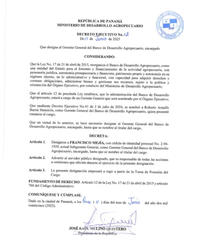 Francisco Mejía es designado gerente encargado del BDA tras renuncia de Roberto Barría
