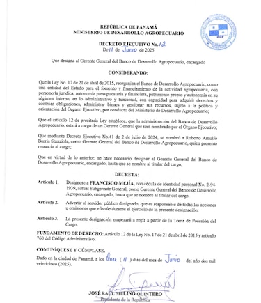 Francisco Mejía es designado gerente encargado del BDA tras renuncia de Roberto Barría