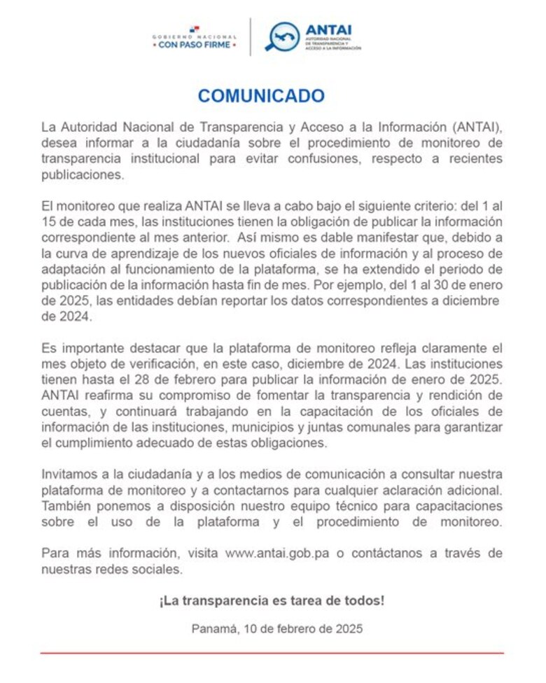 Entidades tienen hasta fin de cada mes para presentar información a la Antai