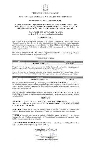 Fábrega adjudica contrato para alumbrado navideño en la capital por $3.2 millones