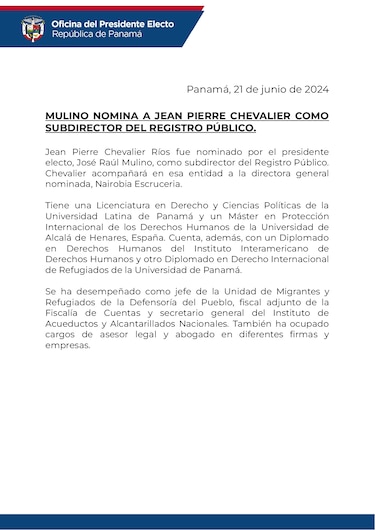 Jean Pierre Chevalier Ríos, actual secretario del Idaan, es designado por Mulino para ocupar la subdirección del Registro Público