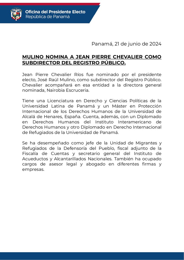 Jean Pierre Chevalier Ríos, actual secretario del Idaan, es designado por Mulino para ocupar la subdirección del Registro Público