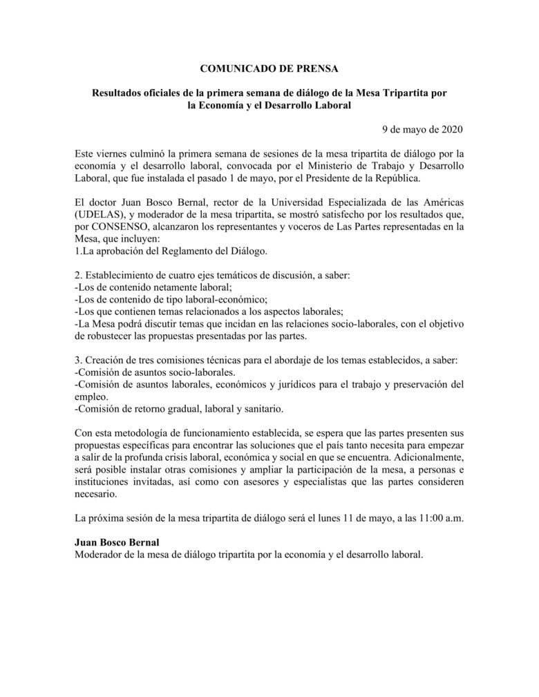 Mesa tripartita económica laboral establece metodología para tomar acciones ante crisis