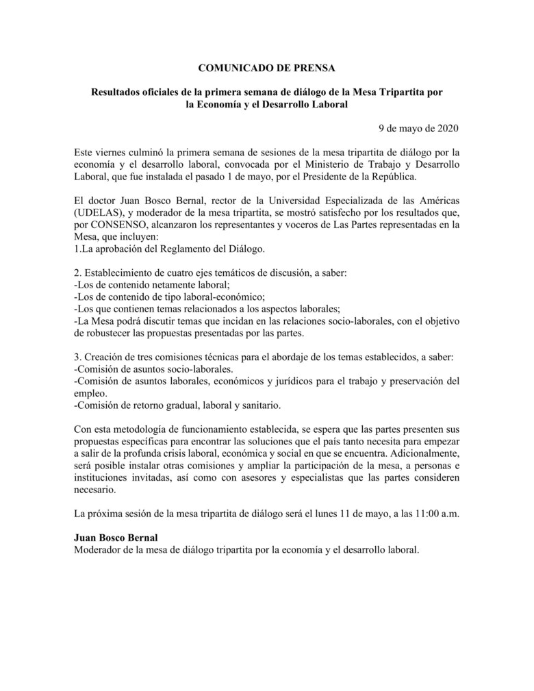 Mesa tripartita económica laboral establece metodología para tomar acciones ante crisis
