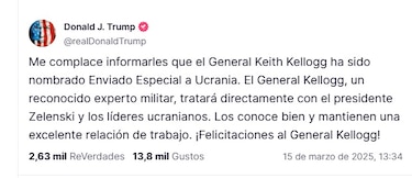 Trump confirma el nombramiento del general Kellogg como enviado especial para Ucrania
