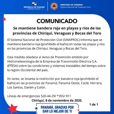 Sinaproc mantiene medida de bandera roja en playas y ríos de las provincias afectadas por el mal tiempo