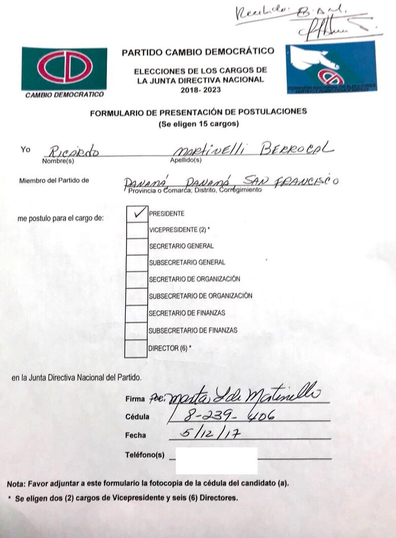 Ricardo Martinelli es postulado para presidente de la directiva de Cambio Democrático
