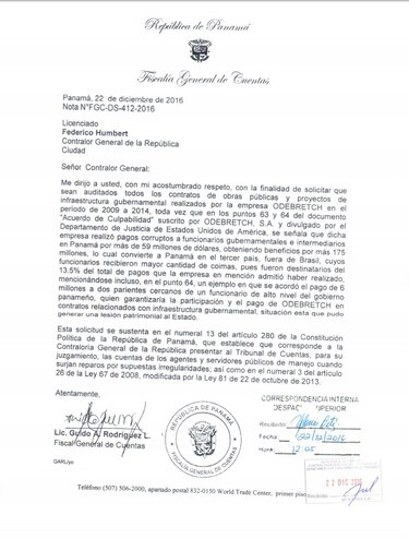 Fiscal de cuentas pide al contralor auditar las obras de Odebrecht en Panamá