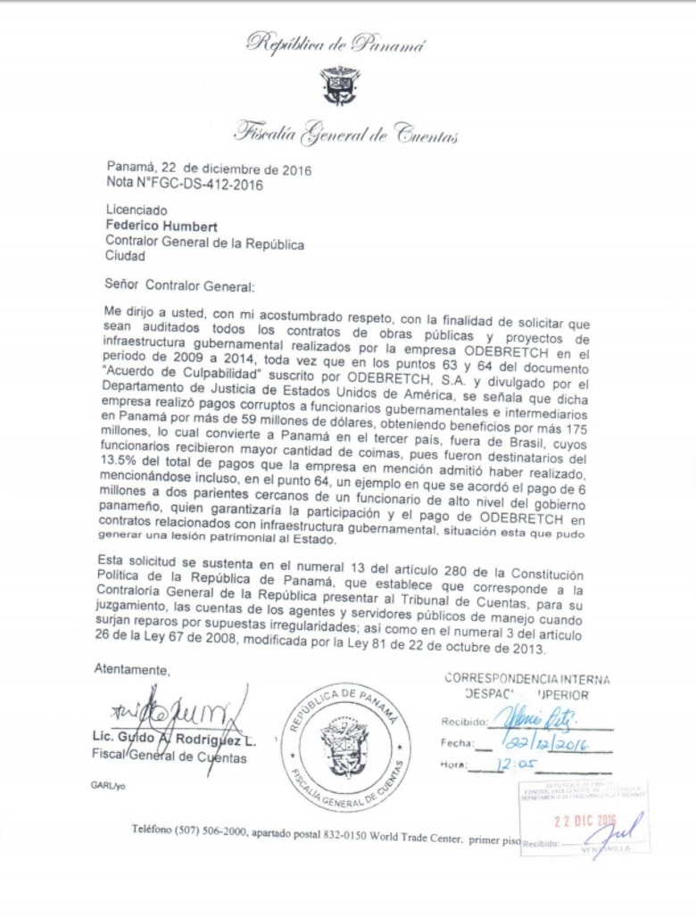 Fiscal de cuentas pide al contralor auditar las obras de Odebrecht en Panamá