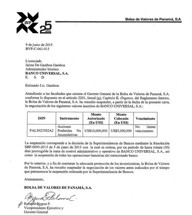 Bolsa de Valores suspende negociación de Banco Universal