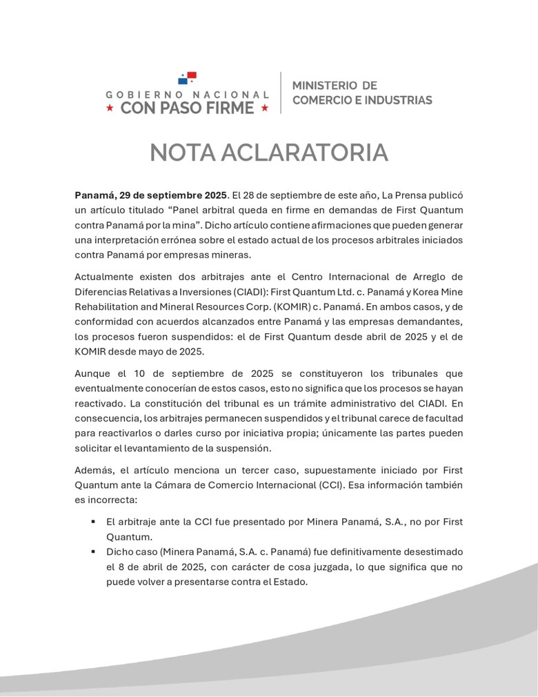 Moltó: instalación del panel de arbitraje internacional ‘no reactiva’ las demandas suspendidas de First Quantum contra Panamá por la mina
