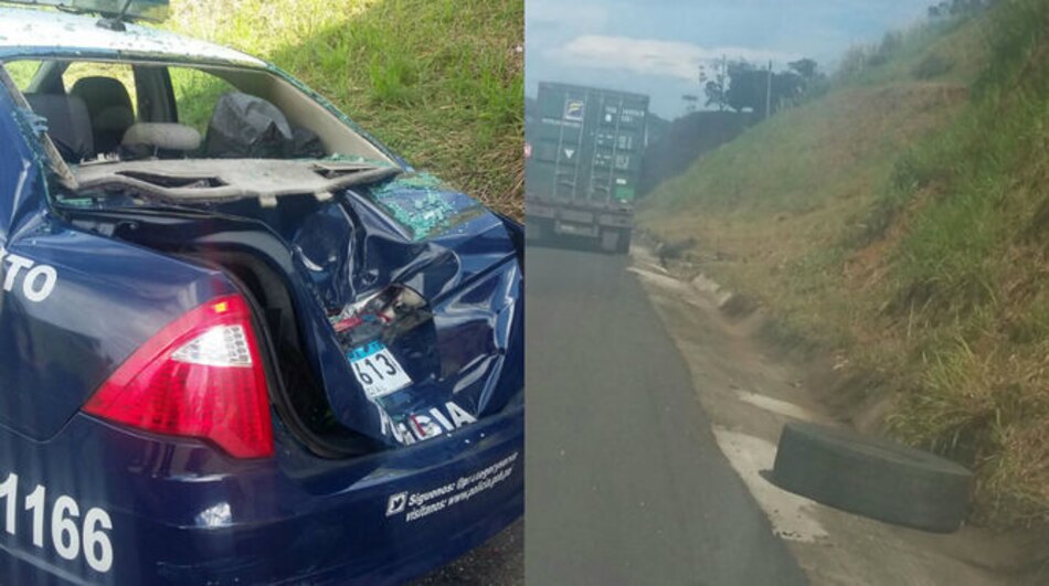 La llanta de una mula destroza patrulla policial que realizaba control de tránsito en la Autopista Panamá-Colón