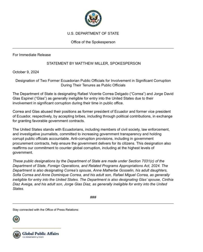Estados Unidos prohíbe la entrada al país a Rafael Correa y Jorge Glas por corrupción en Ecuador