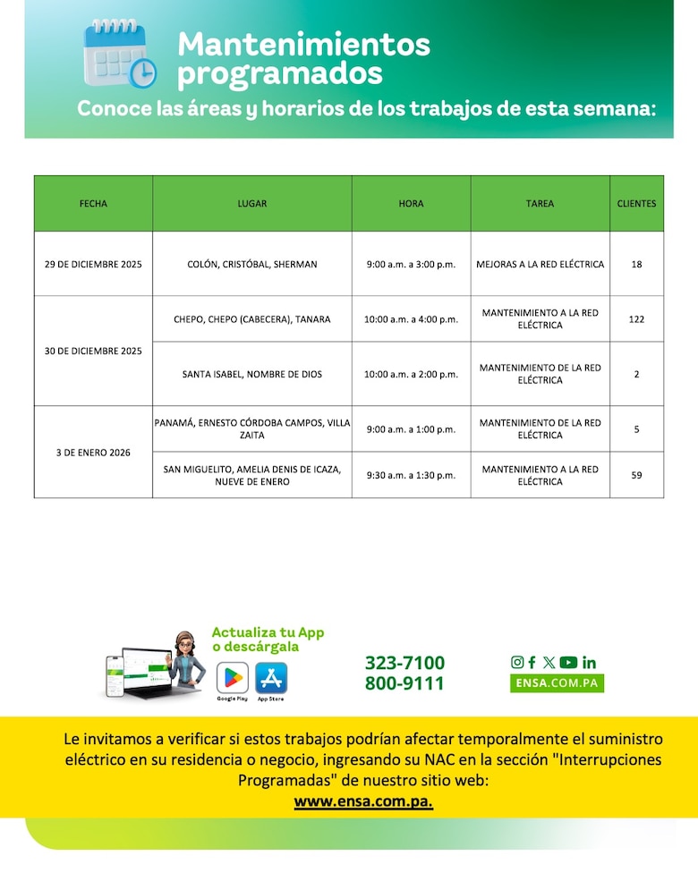ENSA informa los mantenimientos programados del 29 de diciembre al 3 de enero de 2026