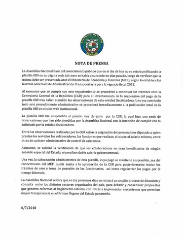 Asamblea Nacional decide no publicar la planilla 080 en su sitio web