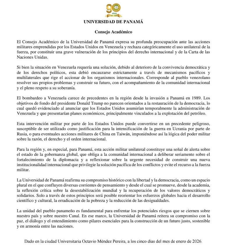 Consejo Académico de la UP rechaza el uso unilateral de la fuerza de EUA en Venezuela
