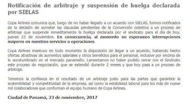Mitradel ordena arbitraje entre Copa Airlines y sindicato