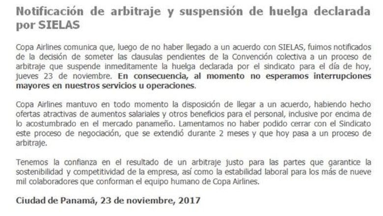 Mitradel ordena arbitraje entre Copa Airlines y sindicato