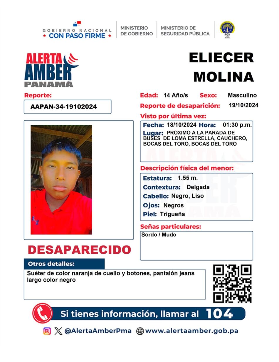 Alerta Amber: menor de 14 años desaparecido en Bocas del Toro fue localizado en Alanje, Chiriquí