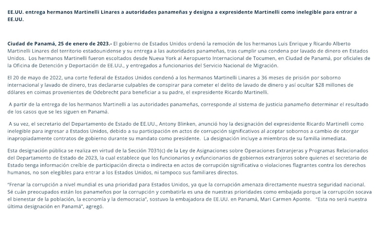 Estados Unidos señala a Ricardo Martinelli por ‘corrupción significativa’