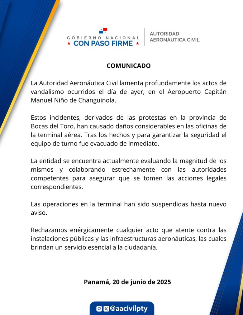 Reportan daños en la estructura de mostradores e instalaciones del aeropuerto de Changuinola; suspenden operaciones