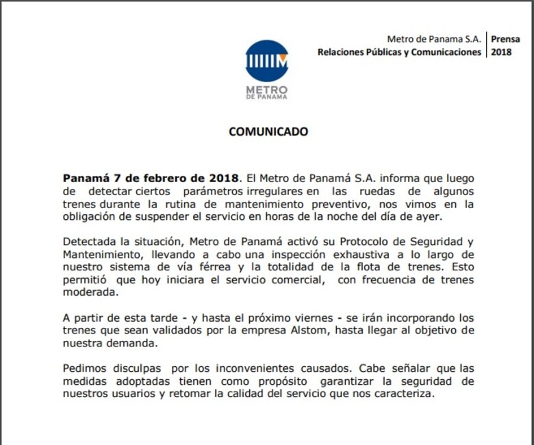 Con menos frecuencia de trenes opera hoy el Metro de Panamá