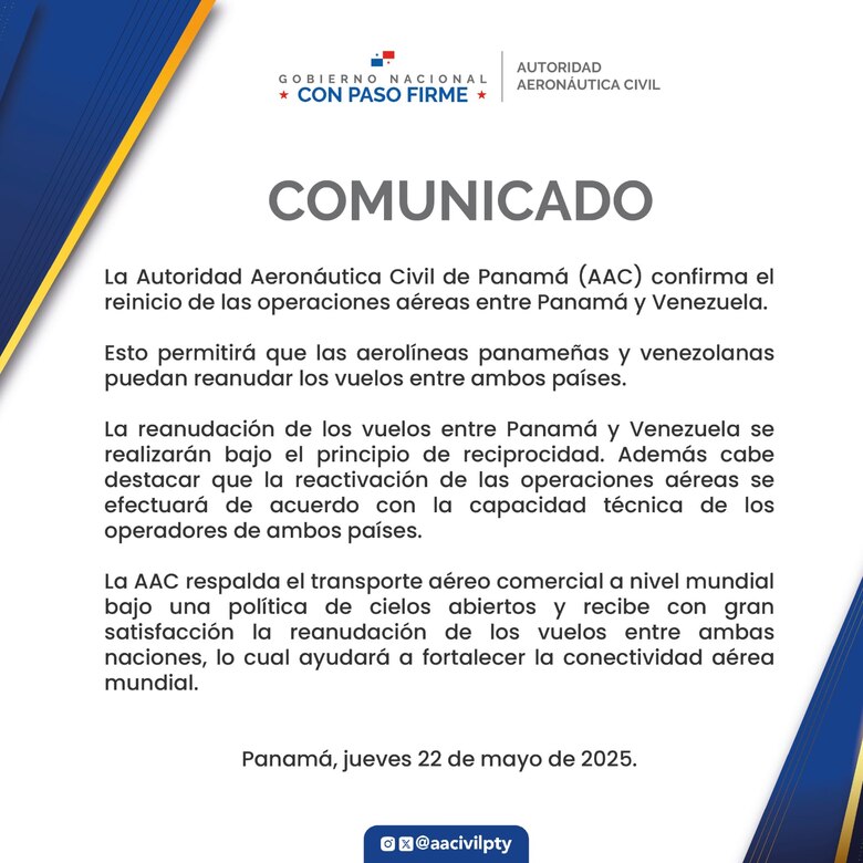 Aeronáutica Civil confirma la reanudación de los vuelos entre Panamá y Venezuela