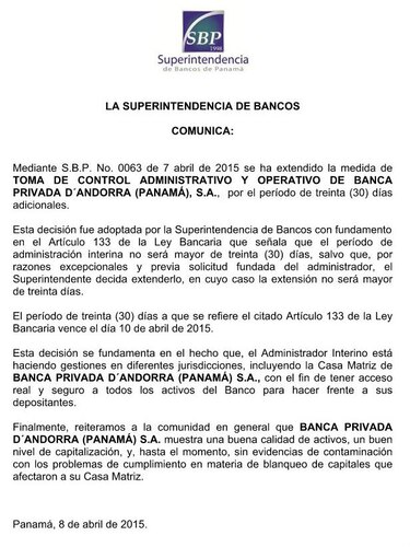 Superintendencia de Bancos de Panamá prolonga intervención de Banca Privada de Andorra