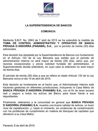 Superintendencia de Bancos de Panamá prolonga intervención de Banca Privada de Andorra