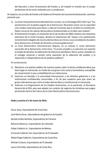 27 expresidentes piden a la OEA y a la Unión Europea mediar en crisis de Venezuela