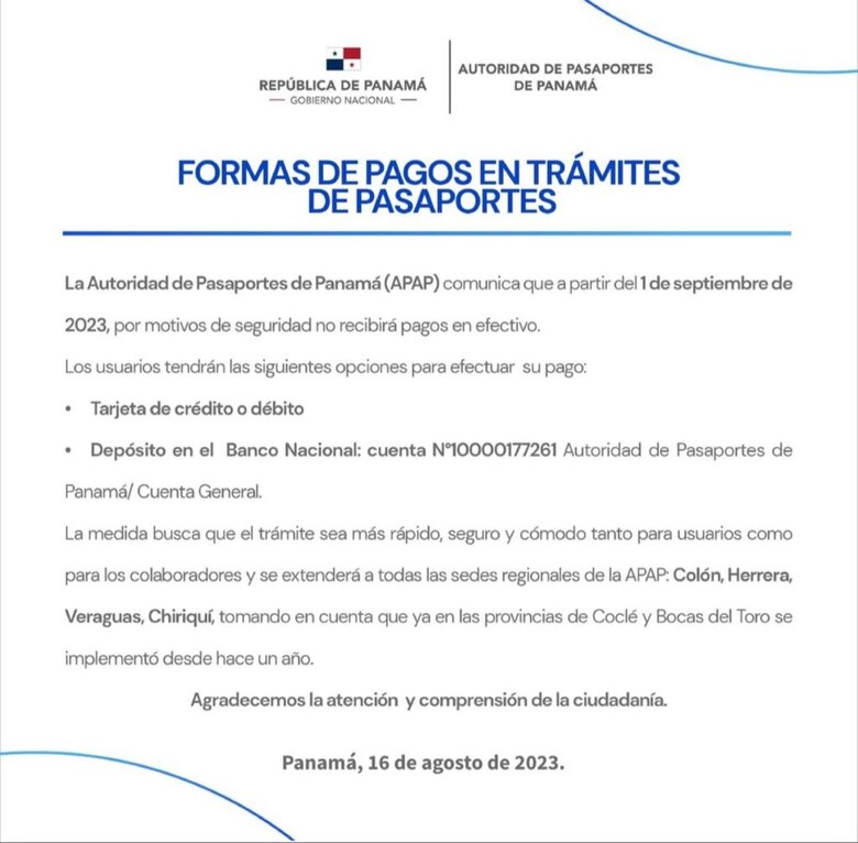 Autoridad de Pasaportes modifica forma de pago para adquirir el documento