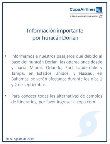 Vuelos de Copa hacia Florida se verán afectados este 1 y 2 de septiembre por el huracán Dorian