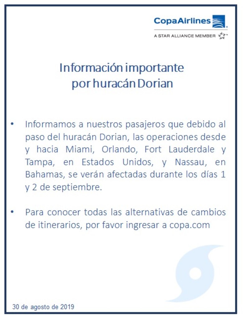 Vuelos de Copa hacia Florida se verán afectados este 1 y 2 de septiembre por el huracán Dorian