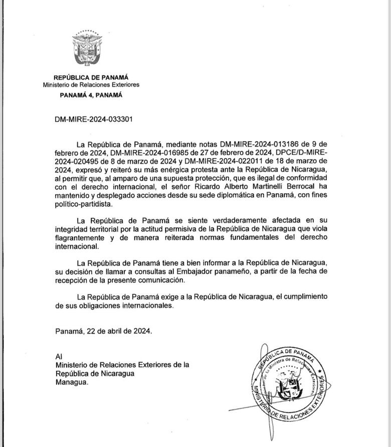 Panamá llama a consultas a su embajador en Nicaragua