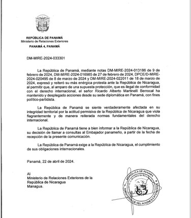 Panamá llama a consultas a su embajador en Nicaragua