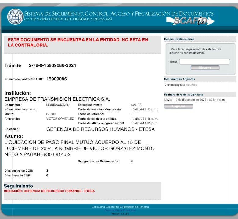 Casi $400 mil para dos liquidaciones en Etesa