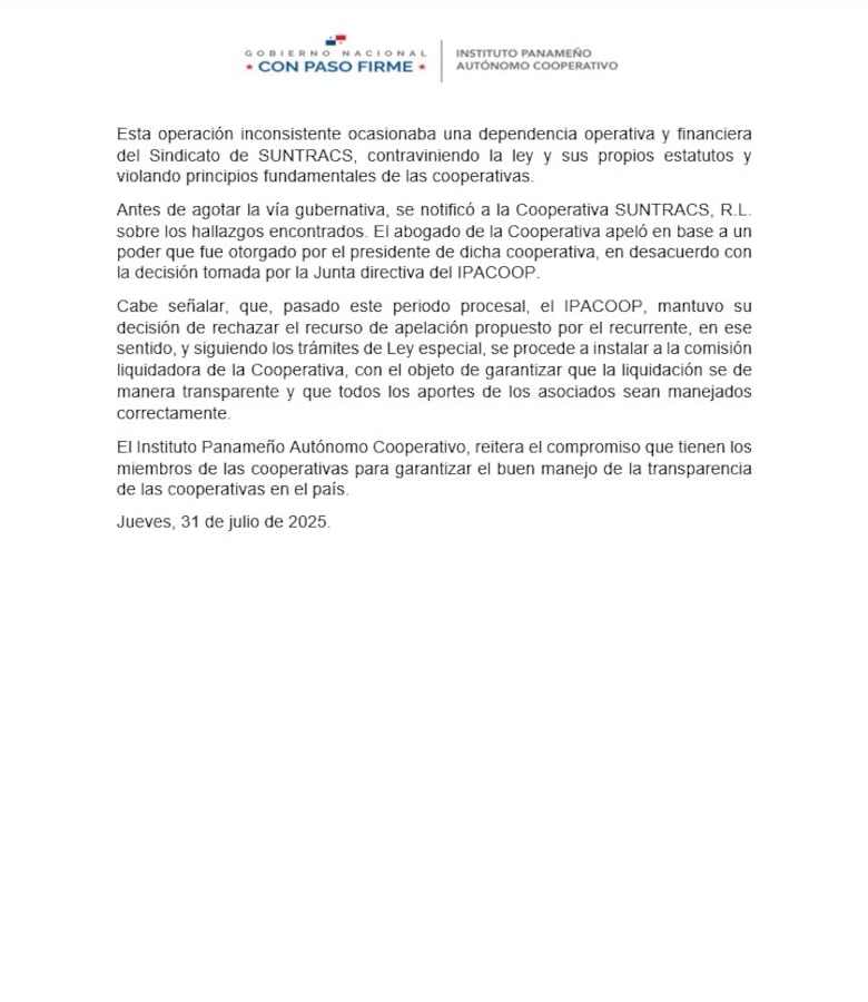 Ipacoop cancela personería jurídica de la cooperativa de Suntracs tras detectar ‘faltas graves’