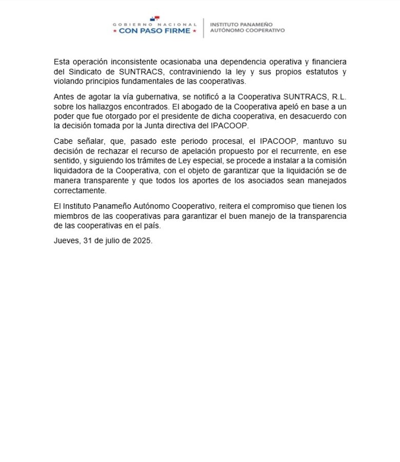 Ipacoop cancela personería jurídica de la cooperativa de Suntracs tras detectar ‘faltas graves’