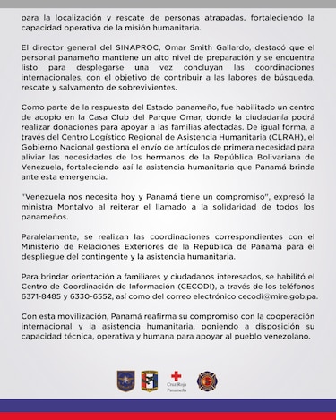 Terremotos en Venezuela: Panamá activará misión de 61 especialistas en búsqueda y rescate