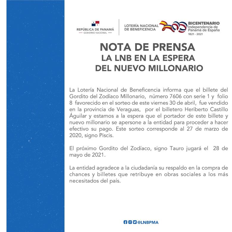 Billete ganador del Gordito Millonario fue vendido en Veraguas