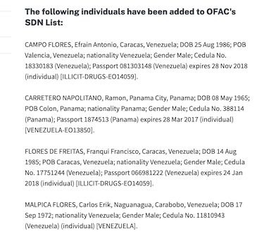 Estados Unidos incluye a Ramón Carretero y a los ‘narcosobrinos’ de Maduro en la Lista Clinton