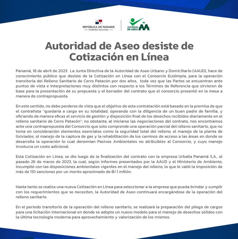 AAUD no llega a un acuerdo con Ecolimpia y hará nueva cotización en línea para el manejo del relleno de cerro Patacón