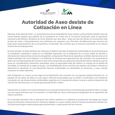 AAUD no llega a un acuerdo con Ecolimpia y hará nueva cotización en línea para el manejo del relleno de cerro Patacón